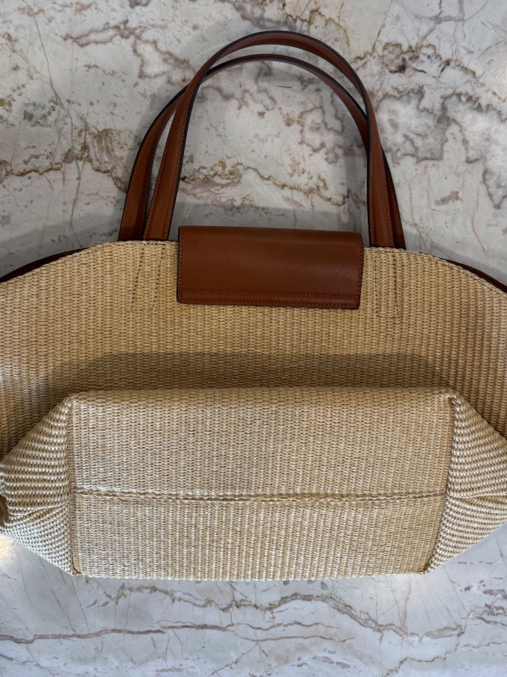 Tuckernuck Raffia Blaine Tote. Straw colored raffia w/ camel cow leather trim - Picture 6 of 9